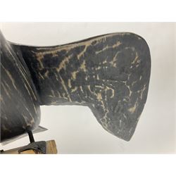 Wooden sculpture of Cormorant aquatic bird on a naturalistic wooden plinth, H46cm