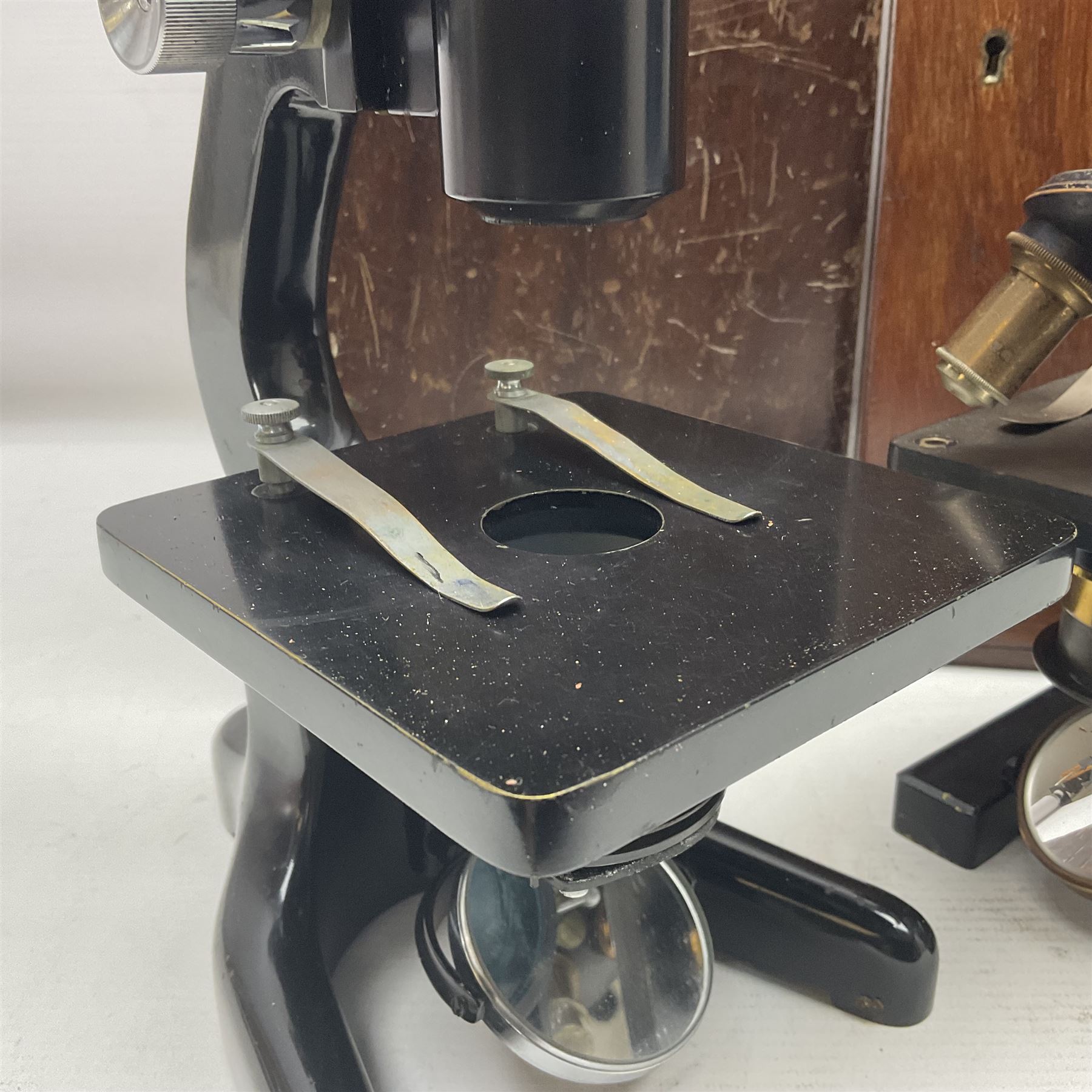 20th century W. Watson & Sons Kima microscope no. 118396 in original oak box, together with W. Watson & Sons Praxis microscope no. 18360, in original box  