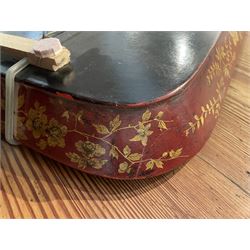 Early 19th century red lacquered papier-mâché tray by Clay of King Street Covent Garden, of rounded rectangular form, painted in gilt with large foliate sprays and butterflies, impressed verso CLAY KING ST COVENT GARDEN, W66.5cm D48.5cm