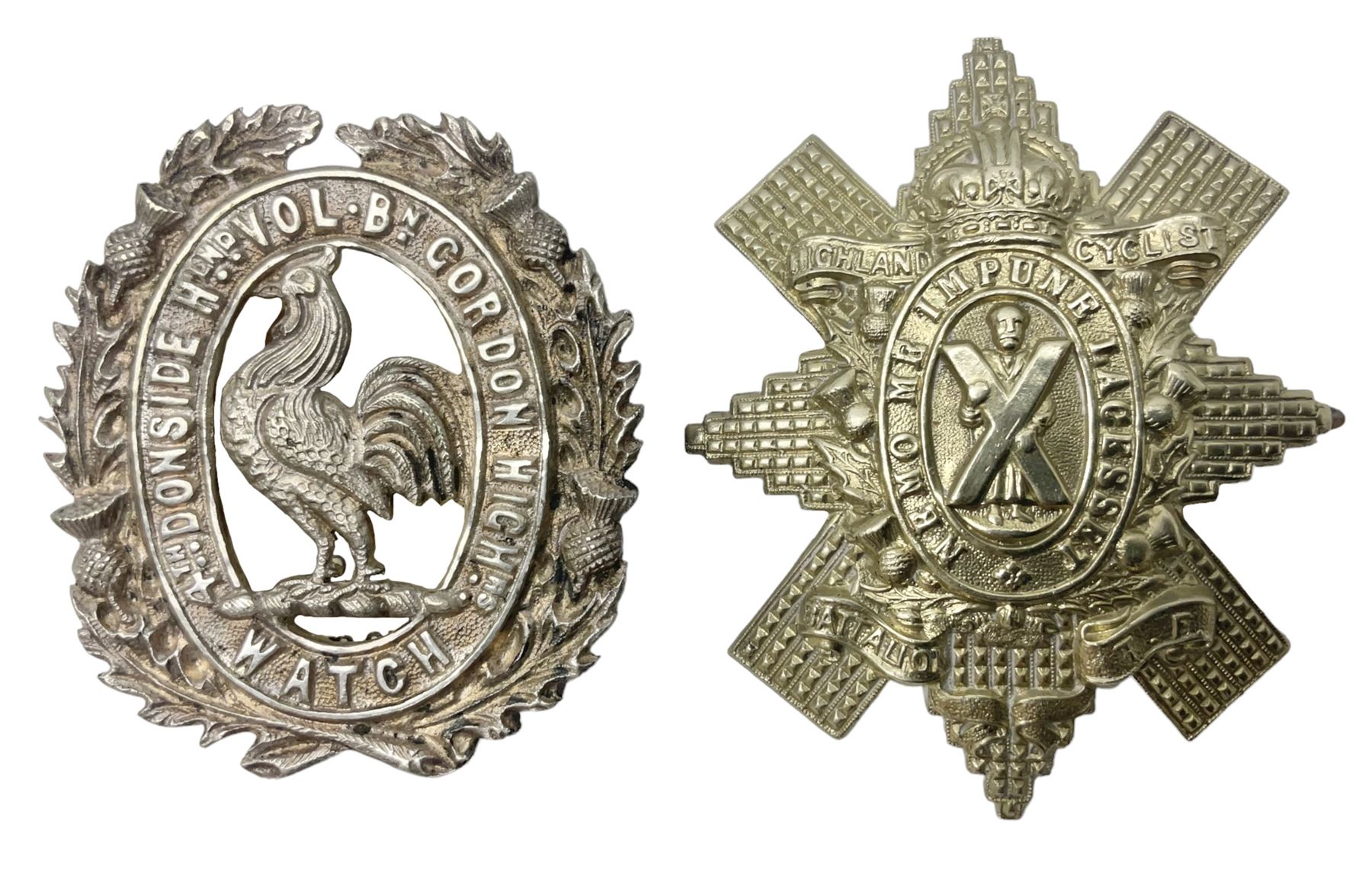 4th Donside Highland Volunteer Battalion Gordon Highlanders Glengarry Badge, white metal with two lug fittings to the reverse; and Highland Cyclist's Battalion Territorial Forces Glengarry badge (2)