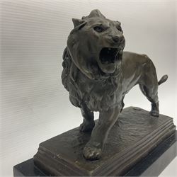 After Charles Valton, bronze, modelled as a lion, upon bronze plinth signed C H Valton, with foundry seal for J B Deposee, and black marble plinth base, overall H20cm L26cm