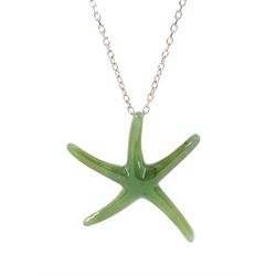 Tiffany & Co silver jade Starfish pendant by Elsa Peretti, on Tiffany 18ct white gold trace link chain necklace, hallmarked, boxed with pouch