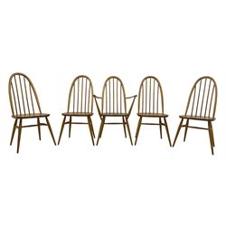 Ercol - set if five (4+1) elm and beech 'Windsor' dining chairs, high hoop and stick back, on tapering splayed supports united by H stretchers 