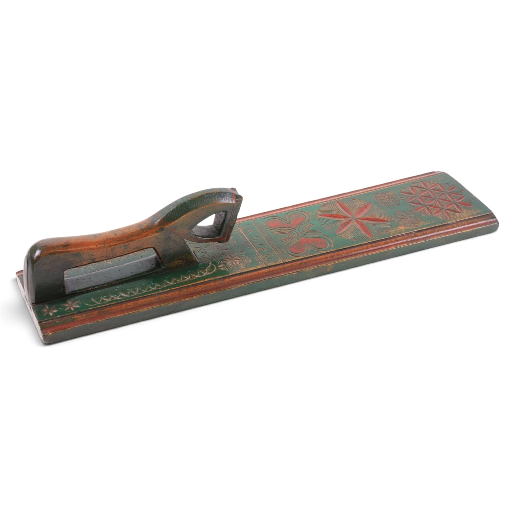 Mid 19th century Norwegian carved mangle board, dated 1836, of rectangular form with carved dala horse handle, with geometic red floral carvings upon a green ground, L63cm