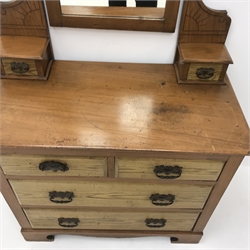  Victorian stained pine dressing chest, raised mirror back, two trinket drawers above two short and two long drawers, shaped plinth base, W92cm, H155cm, D49cm  