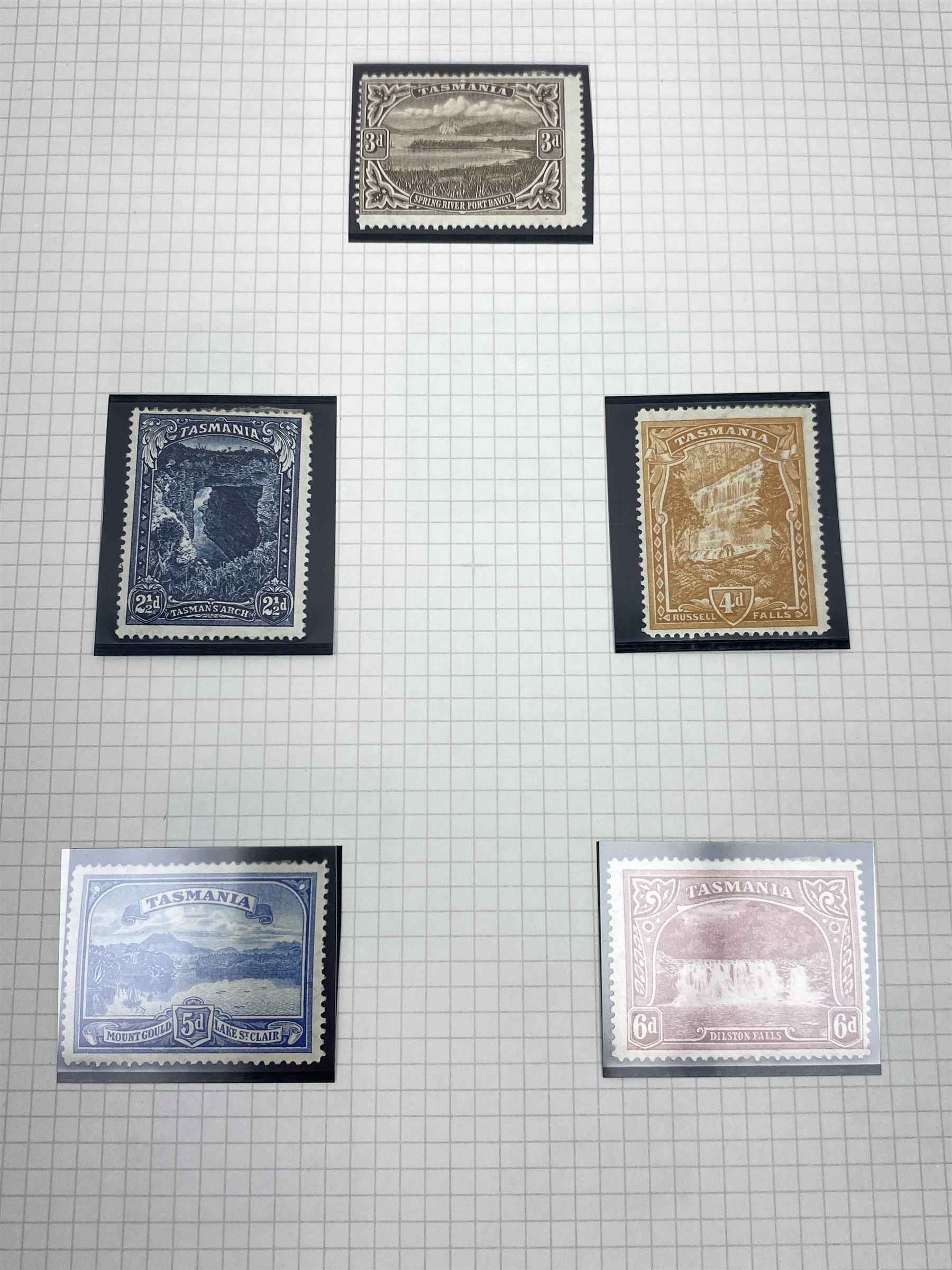 Van Diemen's Land (Tasmania) Queen Victoria and later stamps, including 1853-4 one penny and four penny stamps, 1855 two pence and four pence, 1856 one penny, 1857 various values, 1864-80 various perf issues etc, housed on pages