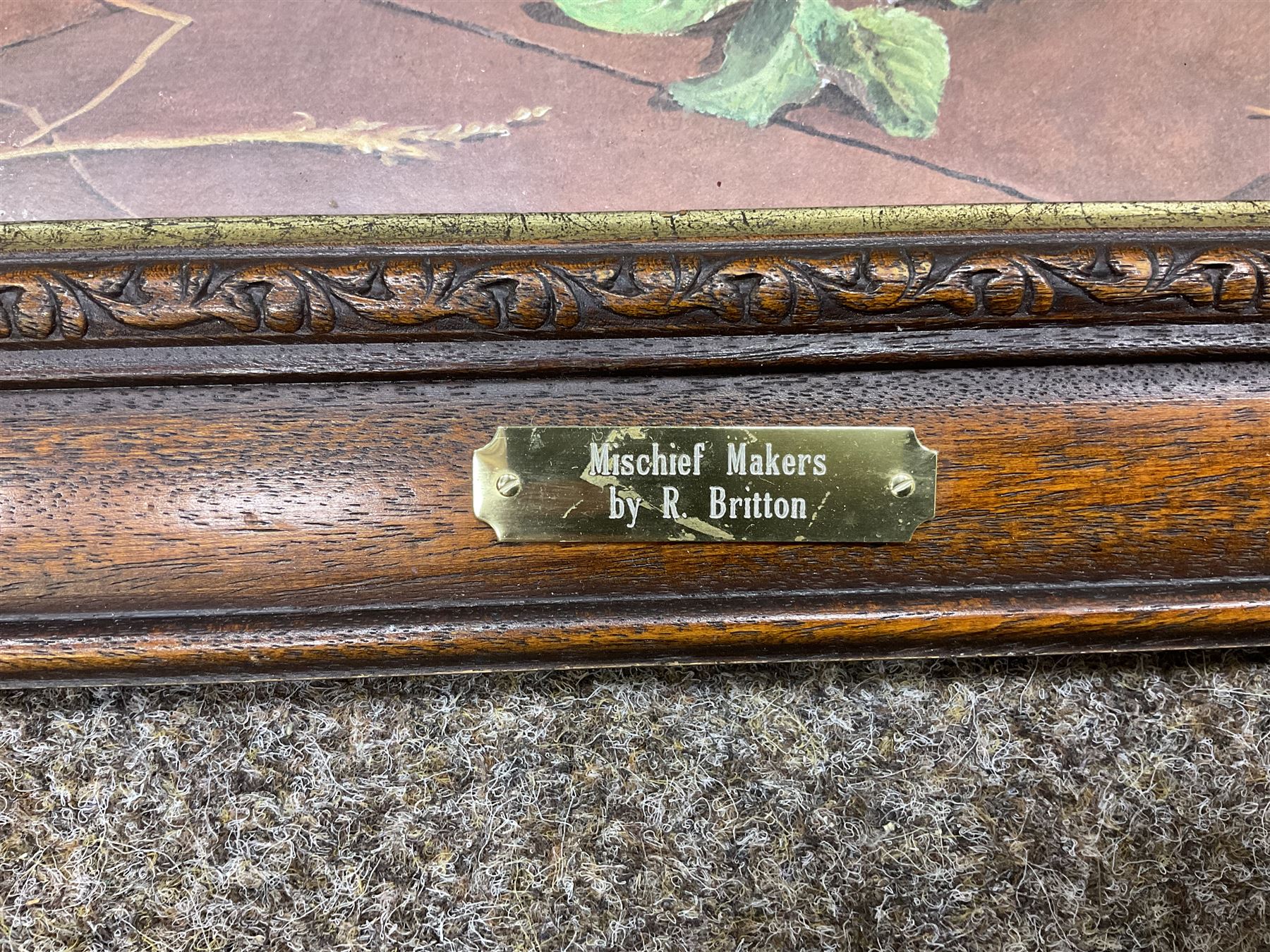 After P E Marshal (British 20th century), Car Outside Inn, water colour signed and dated; after Richard Britton (British) 'Mischief Makers' (golden labradors), colour print, together with three colour prints of dogs and embossed decorative bear scene (6) 