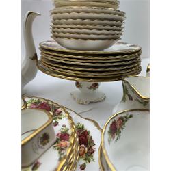 Royal Albert Old Country Roses pattern tea wares, comprising coffee pot, jug and sugar bowl, cake stands, napkin rings, teacups and saucers, side plates, dessert plates, small plates, all with printed marks beneath