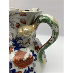 Two Masons Ironstone jugs, each in the Imari palette with serpent handles, with maker's mark beneath, tallest H24cm
