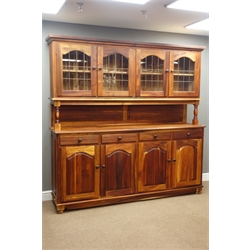  Large hardwood dresser, raised display cabinets with lead glazed doors, four drawers and four panelled doors, W205cm, H201cm, D47cm  