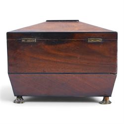 Regency mahogany sarcophagus tea caddy, the hinged lid opening to reveal two compartments, upon paw feet, H18cm