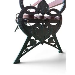 Coalbrookdale - Lily Pad design cast iron an wood slatted garden bench, late 19th century Aesthetic Movement, no. 217569, painted in green with iron centre support and seat stretcher, hardwood slatted