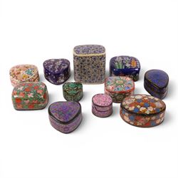 Collection of eleven lacquered boxes, mainly Indian, decorated with floral motifs, tallest H10cm 