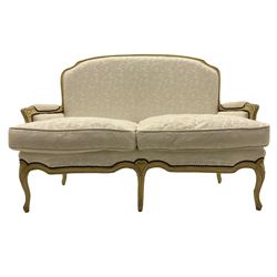 French style two seat sofa, cream painted frame with white foliate patterned fabric