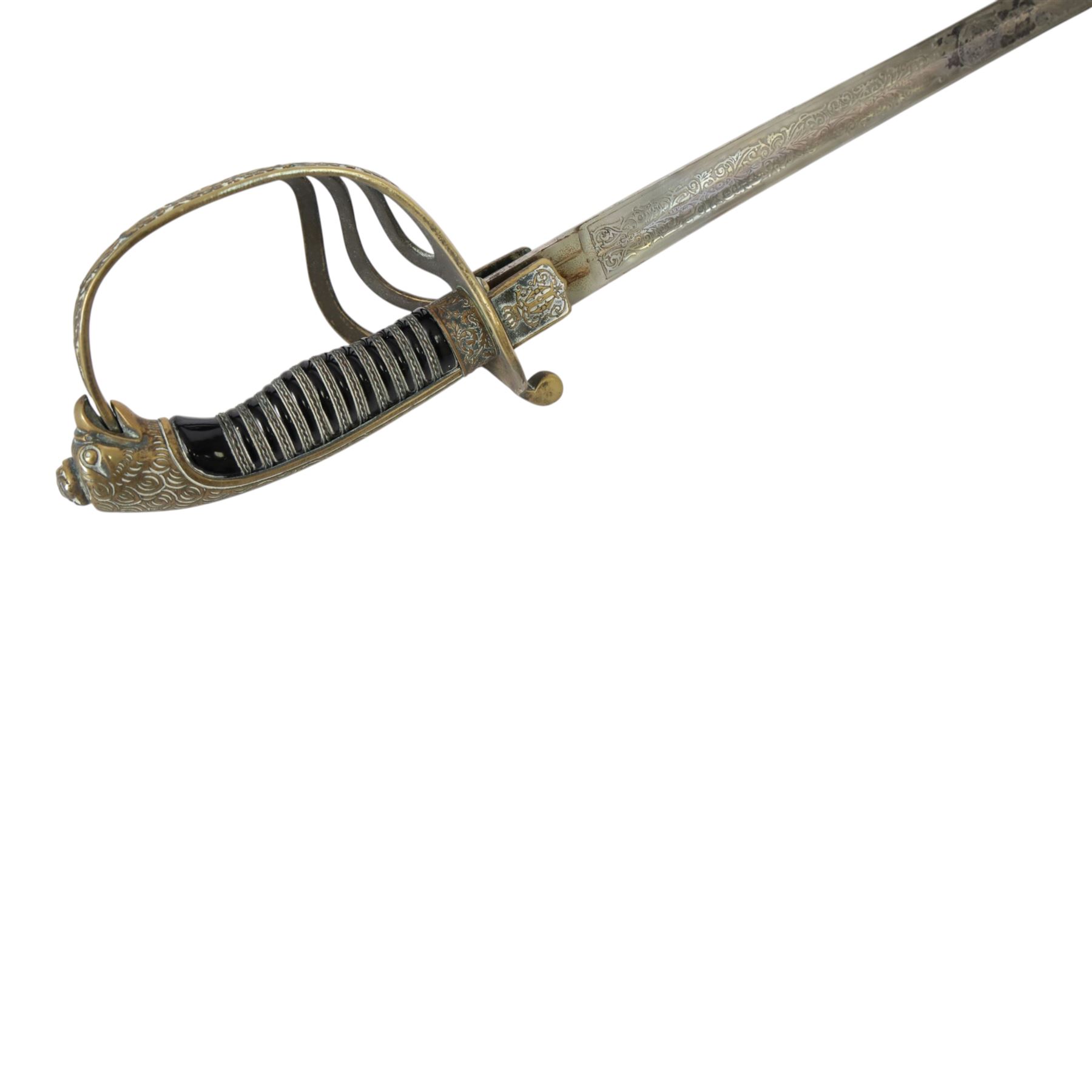 Spanish Dress Sword, 80cm single edge steel blade, etched Fabrica de Toledo, the nickel hilt with pierced guar, wire bound grip and eagle head pommel, with steel scabbard, overall L100cm