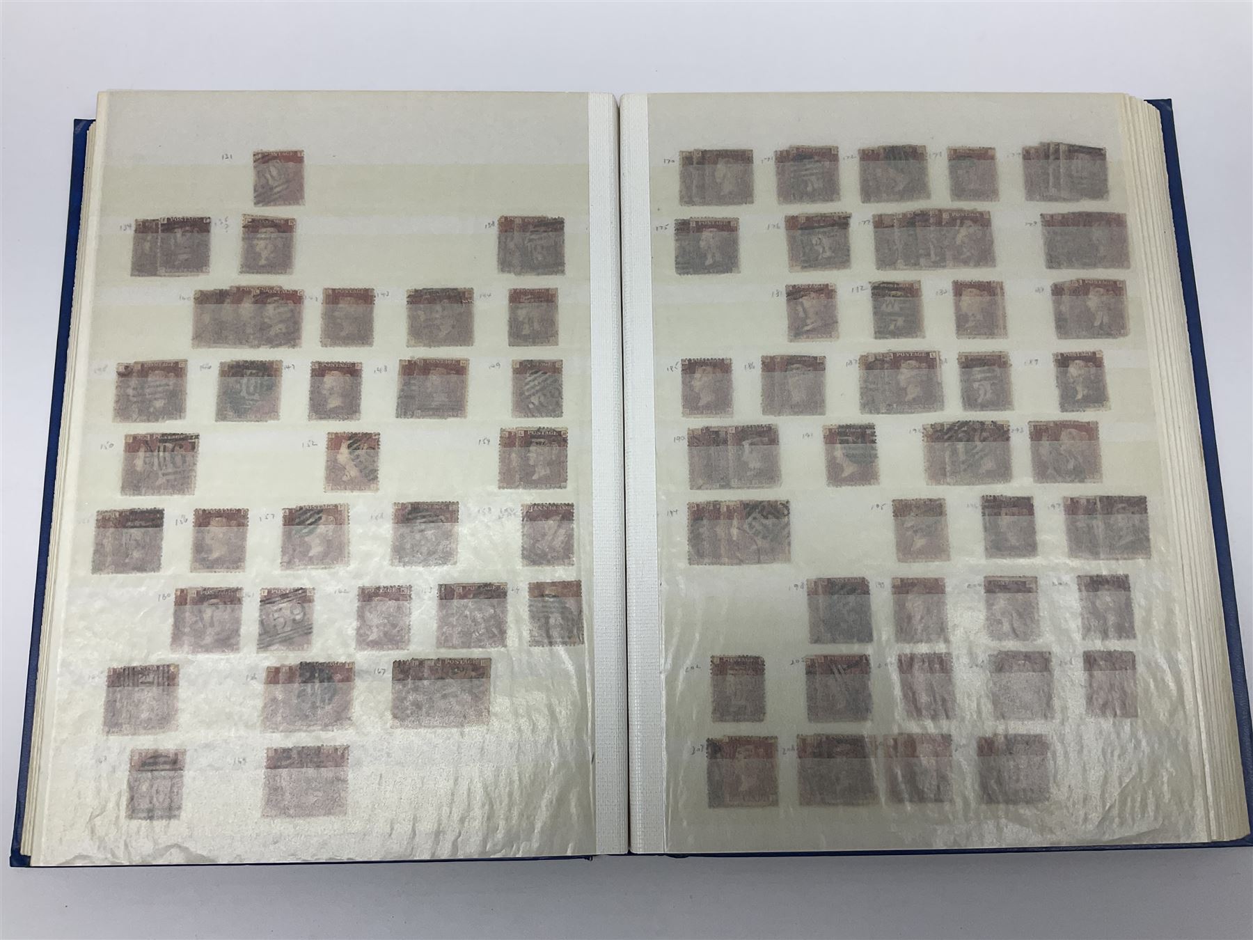 Mostly Great British Queen Victoria stamps, including penny black with black MX cancel, 1840 two pence blue with black cancel, imperf penny reds singles and pairs, perf penny reds stars and plates, various postmarks or cancels, penny reds on pieces or covers, halfpenny 'bantams', other QV issues with some higher values etc, housed in a blue stockbook