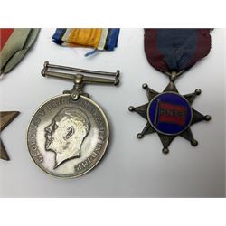 WW1 British War Medal awarded to 28885 Pte. A. Hey R. War. R.; WWI Victory Medal awarded to 7633 Pte. E. Edwards L'Pool R.; two WWII medals; Royal Navy Temperance Society Medal; Services Rendered badge No.B55177; and Home Guard lapel badge