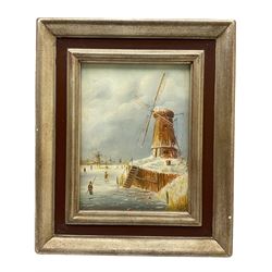 Dutch School (20th century): Figures Ice Skating on Canal next to Windmill, oil on canvas indistinctly signed 23cm x 17cm