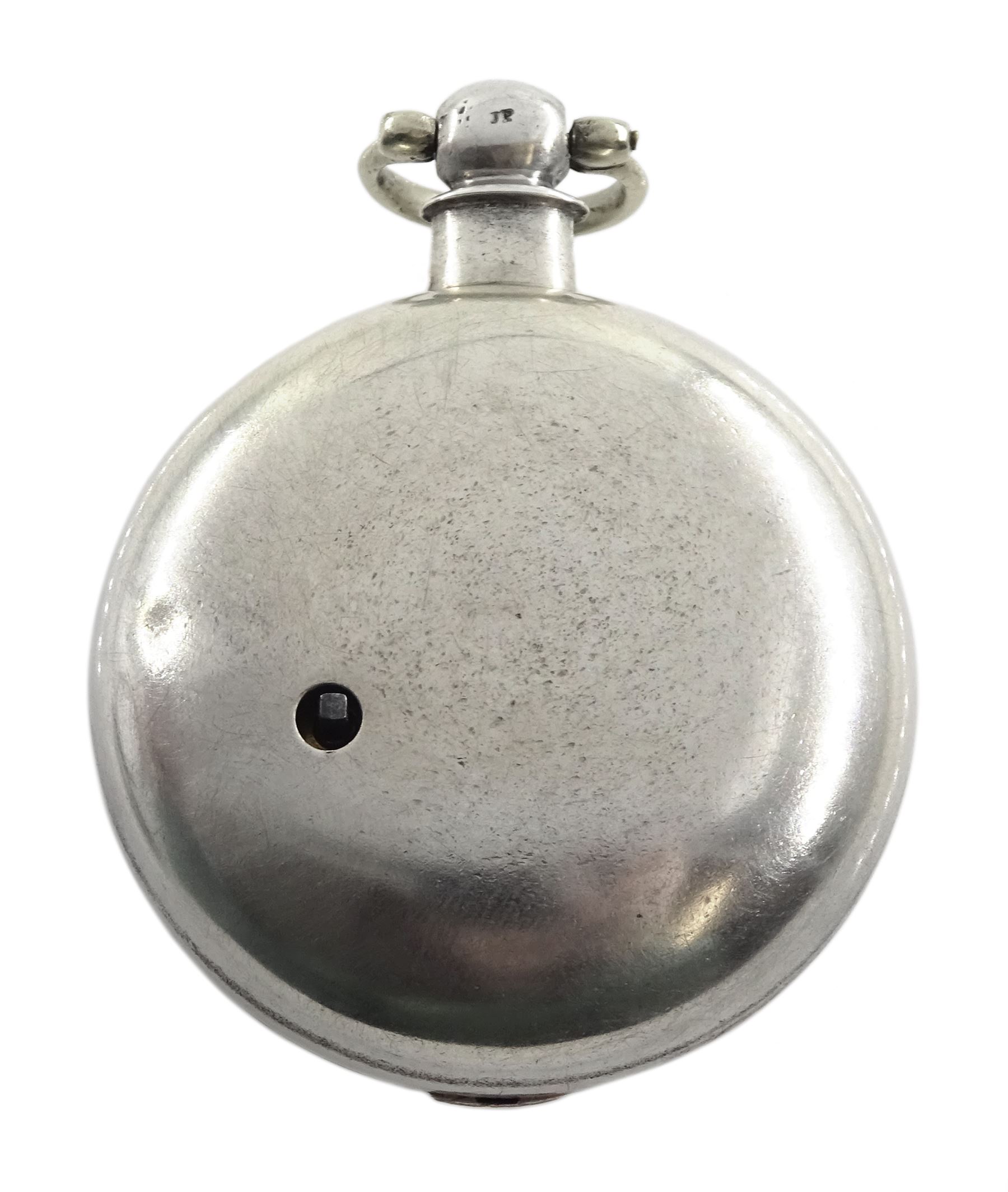 William IV silver pair cased verge fusee pocket watch by J C Heselton, Beverley, No. 1082, pierced and engraved balance cock decorated with a mask, enamel polychrome 'Speed the Plough' dial with Roman numerals, bull's eye glass, case by Benjamin Norton, London 1831