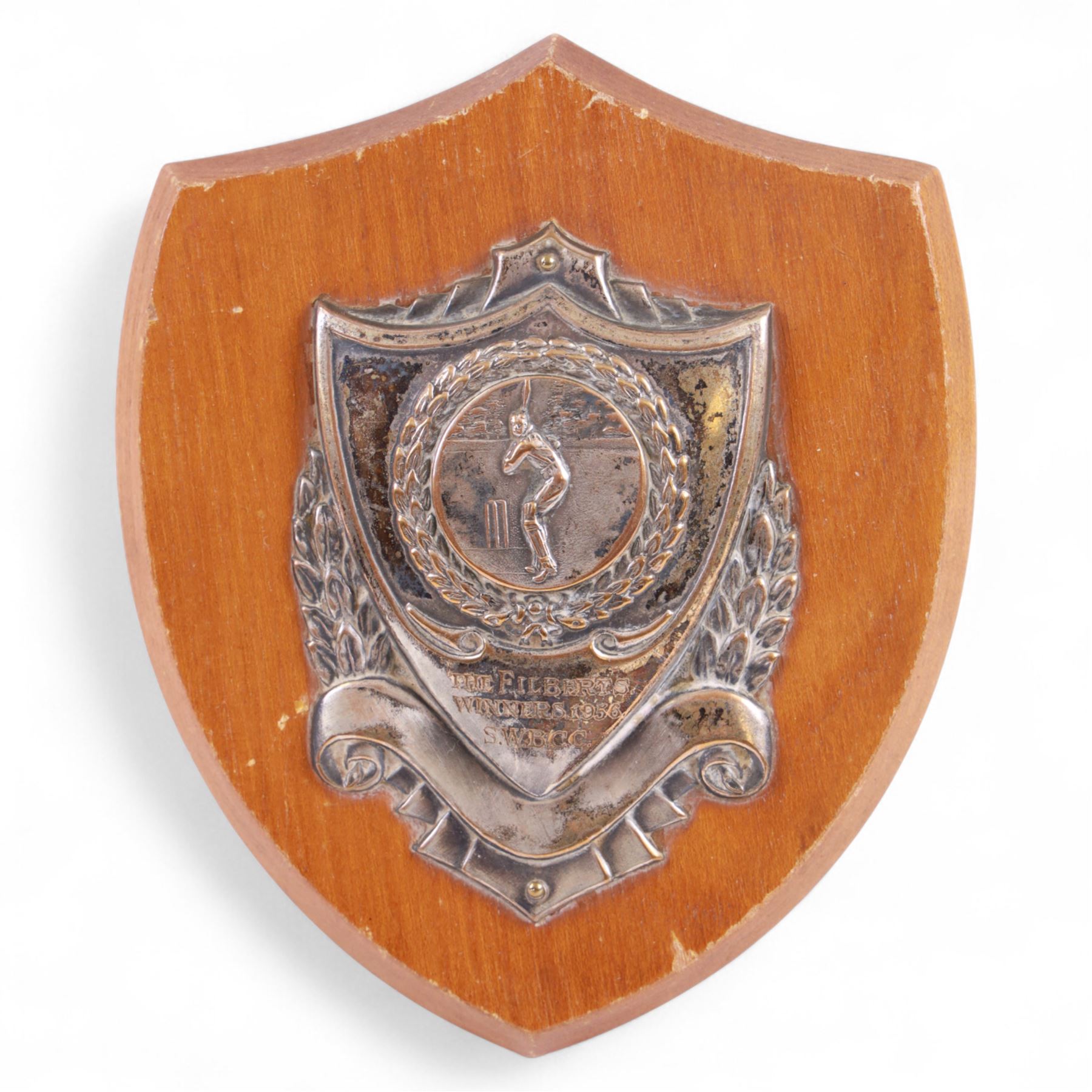 1950s and later cricket trophy cups and plaques, including LT Shipman's CC Winners Carpenter Cup & Shipman Cup 1954 trophy, Shipman's Cup 1956 and The Filbert's Winners 1956 SWBCC plaque, tallest H18.5cm