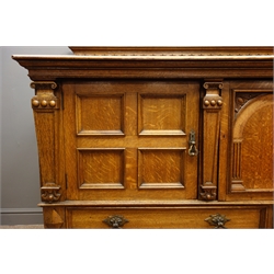  Edwardian oak sideboard, raised arcade carved back, three cupboards, geometric moulding, carved foliate and fluted columns above two drawers, barley twist supports on square feet joined by square stretchers, W199cm, H125cm, D69cm  