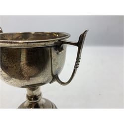 1930's silver twin handled trophy cup, upon black circular plinth, hallmarked Birmingham 1936, approximate silver weight 47 grams