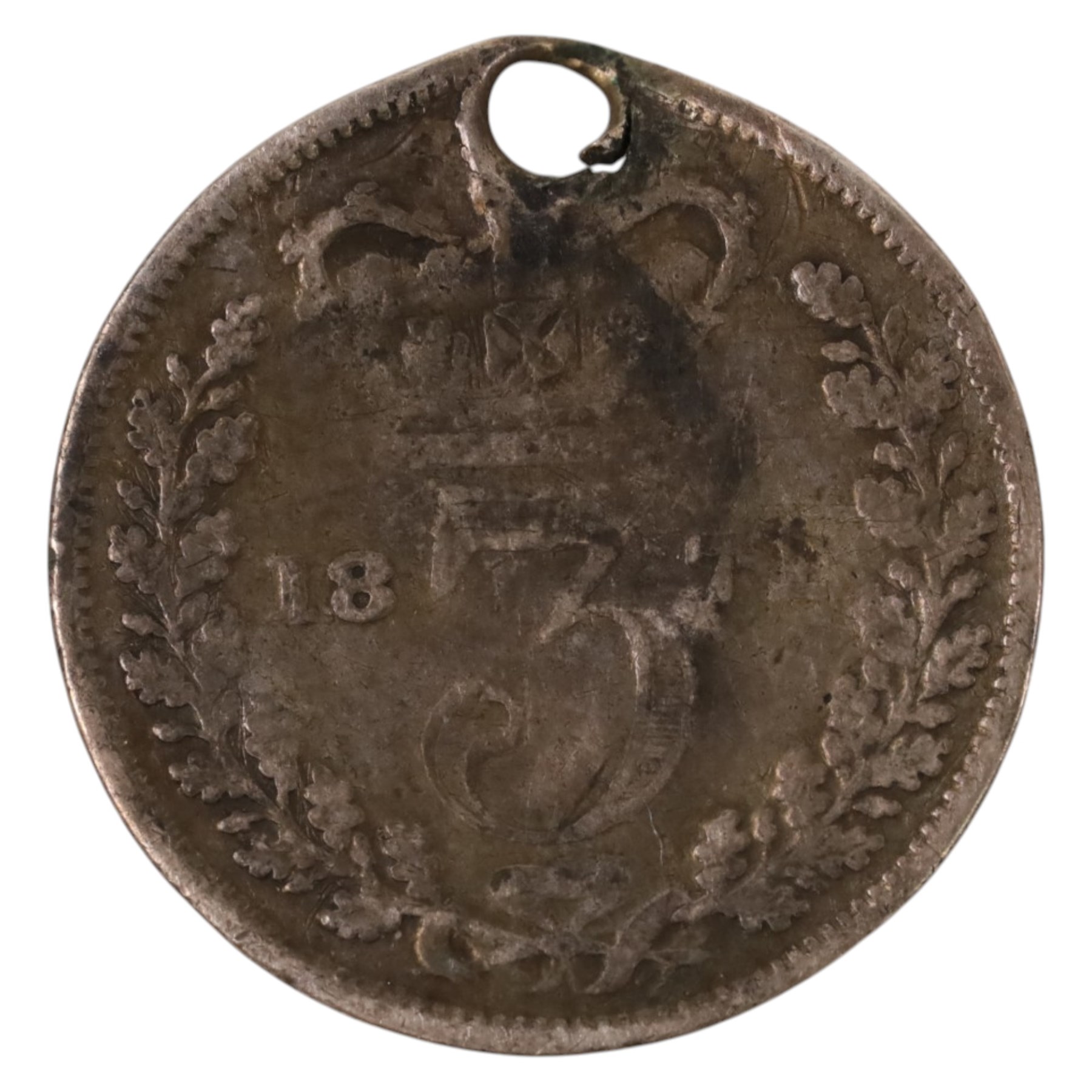 Queen Victoria 1872 silver threepence coin, the obverse engraved with the Lord's Prayer, drilled