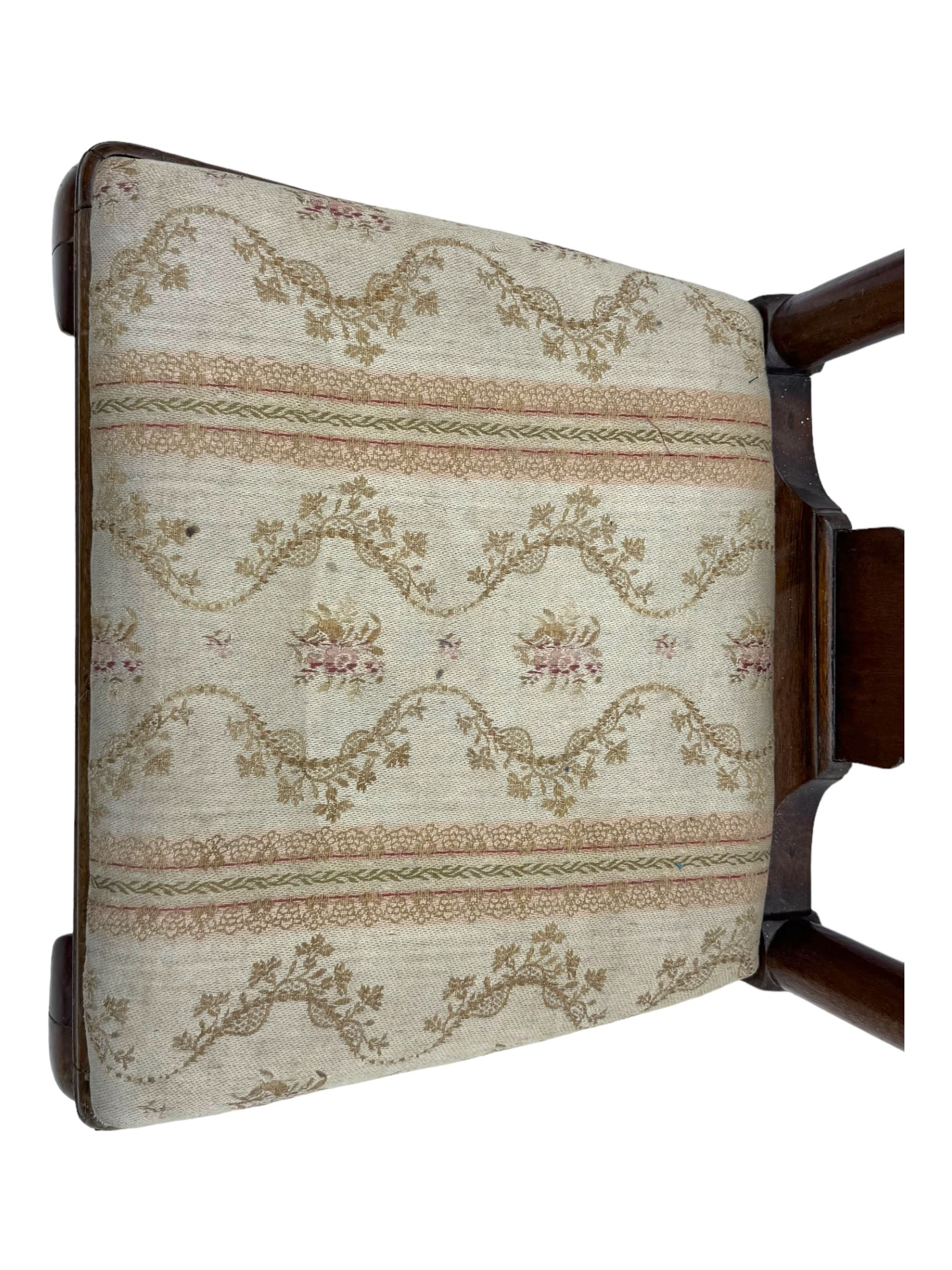 Pair of 19th century Queen Anne design walnut framed side chairs, yoke crest rail over vase-shaped splat, upholstered drop-in seats, raised on cabriole supports with pad feet united by turned stretchers