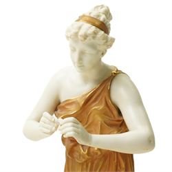 Pair of Royal Worcester figures of female musicians modelled by James Hadley, one with cymbals, decorated in gilt and on circular bases H33cm  