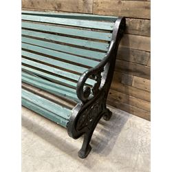 Early 20th century slatted garden bench with scrolling cast iron bench ends