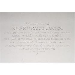 Raich Carter - presentation hallmarked silver two-handled tray of rounded oblong form with gadrooned rim by Wilson & Gill, 139 Regent Street, London, inscribed to the centre 'Presented to Mr. & Mrs. Raich Carter by the Lord Mayor of the City and County of Kingston-upon-Hull Alderman R.E. Smith J.P. on May 30th 1952on behalf of the many Admirers who subscribed to The Lord Mayor's Testimonial Fund in recognition of Raich Carter's genius as a footballer and his services to the City', London 1937 82oz L61cm; together with a hallmarked silver four-piece tea and coffee set by Cooper Bros. & Sons Ltd, the teapot of London shape with ebonised handle and knop, each piece engraved with an initial 'C', Sheffield 1920  60.5oz, teapot L29.5cm