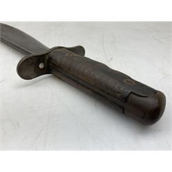 US Model 1910/17  Machine Gunners Bolo knife, the 26.5cm curving steel blade marked 'US MOD 1917 PLUME PHILA 1918'; in webbing covered steel scabbard with leather chape marked 'Brauer Bros 1918' L40.5cm overall (with photocopy of modern reference material)