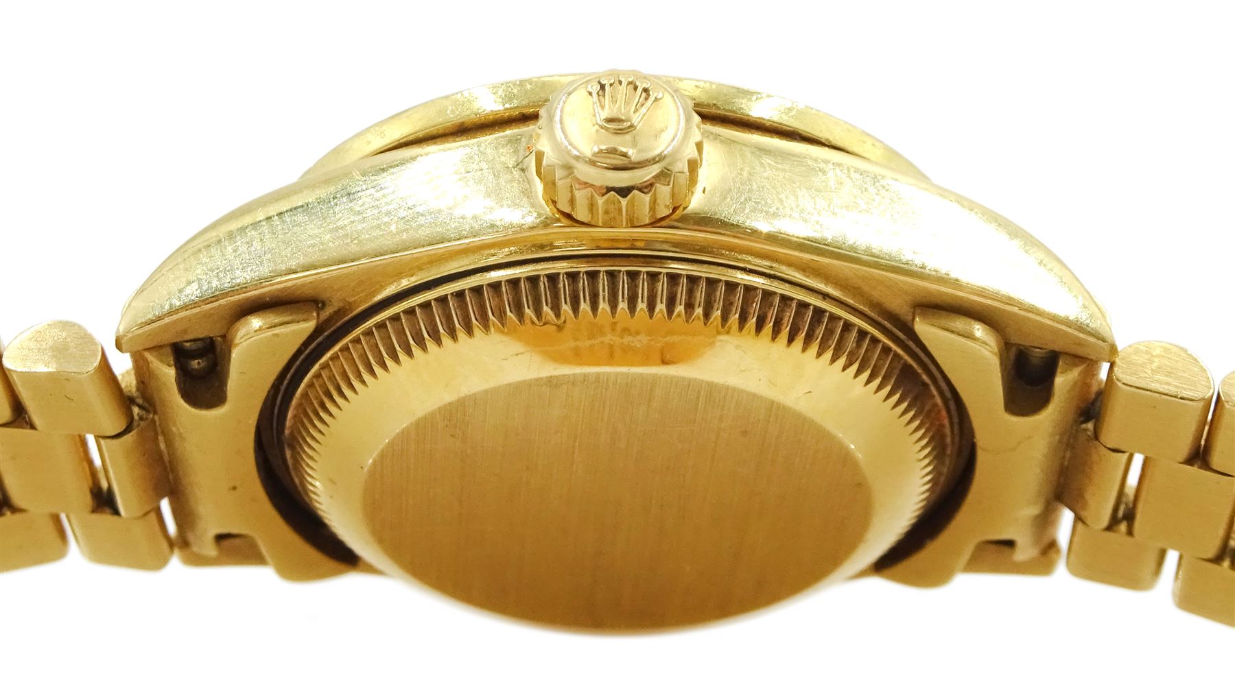 Rolex Oyster perpetual Datejust ladies 18ct gold automatic wristwatch, circa 1995, Ref. 69178, serial No. W687714, champagne dial with diamond hour markers, aftermarket diamond bezel and original gold bezel, on 18ct gold Rolex president bracelet with fold-over clasp, hallmarked, boxed with service guarantees