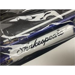 Collection of fishing memorabillia and equipment, including an Allcocks three piece split cane trout fly rod, Shakespeare Salt 3600 surf rod, two tackle bags, Old Red Seastreak multiplier reel, Sportext Saltwater fixed spool reel, fishing dvds, etc