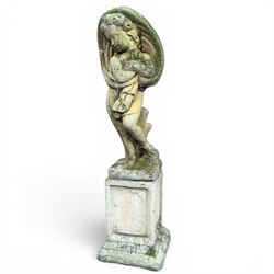 Collection of cast stone garden ornaments - three figure bird baths, figure on plinth, seated lion, lion, boy figure, and stone trough (9)