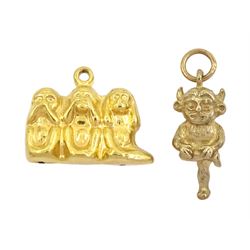 Two 9ct gold pendant / charms including the three wise monkeys and Lincoln Imp, both hallmarked