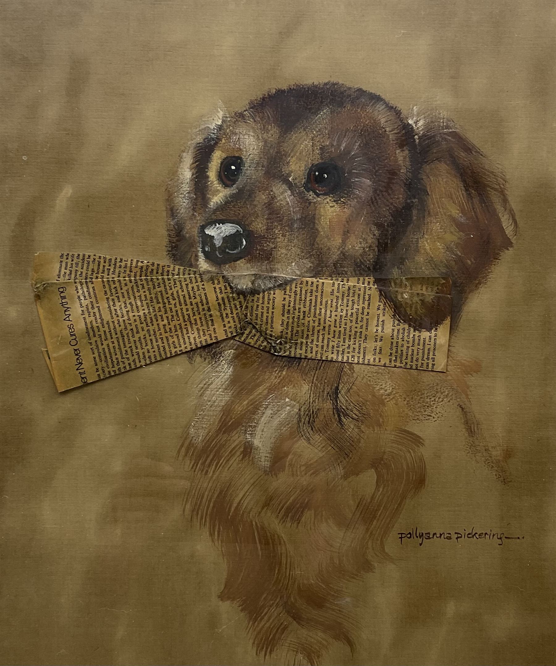 Pollyanna Pickering (British 1942-2018): Puppy with a Newspaper, mixed media signed 45cm x 38cm
