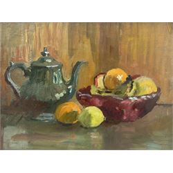 Faith Tresidder Sheppard (British 1920-2008): Still Life of Teapot and Fruit, oil on board inscribed with secondary still life verso 34cm x 45cm