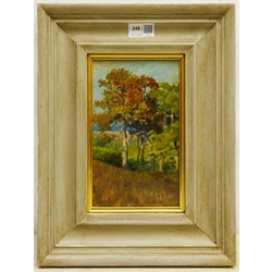 George Faulkner Wetherbee RI, ROI (American 1851-1920): Land Beach and Village scenes, set four oils on panels, one signed verso 13cm x 23cm (4) 