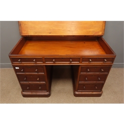  Victorian twin pedestal mahogany desk, leather inset hinged top, two sets of three graduating drawers, plinth base, (W121cm, H81cm, D67cm) and a Victorian stool, upholstered seat, turned and carved supports  