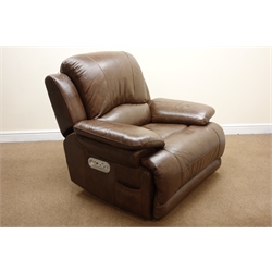  La-z-boy electric reclining armchair with speakers, Bluetooth connectivity, fridge and massage unit, upholstered in a chocolate leather, W116cm (This item is PAT tested - 5 day warranty from date of sale)  