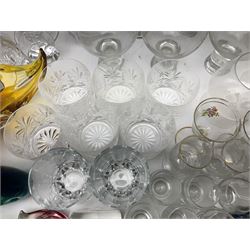 Quantity of glassware to include Mats Jonasson colour wolf paperweight, Murano dolphin and flamingo figures, Caithness Dignity and Tango paperweights, set of six Edinburgh Crystal glass tumblers, art glass dish etc