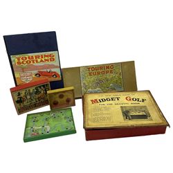 Early Midget Golf boxed game, Geographia Touring Europe and Touring Scotland map games, boxed Hustled History game by Chad Valley, etc