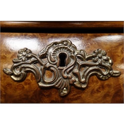  Late 19th century Dutch walnut burr bombe chest, three graduating drawers, shaped and carved apron, lion paw feet, W95cm, H73cm, D51cm  