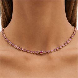 19th century gold garnet rivière necklace, set with forty-four graduating cushion cut rhodolite garnets (possibly doublets), in a velvet and silk lined case by Ollivant & Botsford, Manchester