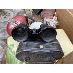 Pair of Lemaire Fabt Paris opera binoculars in leather case, leather bound family bible with gilt edges, silver plate, carved treen, agate etc in three boxes