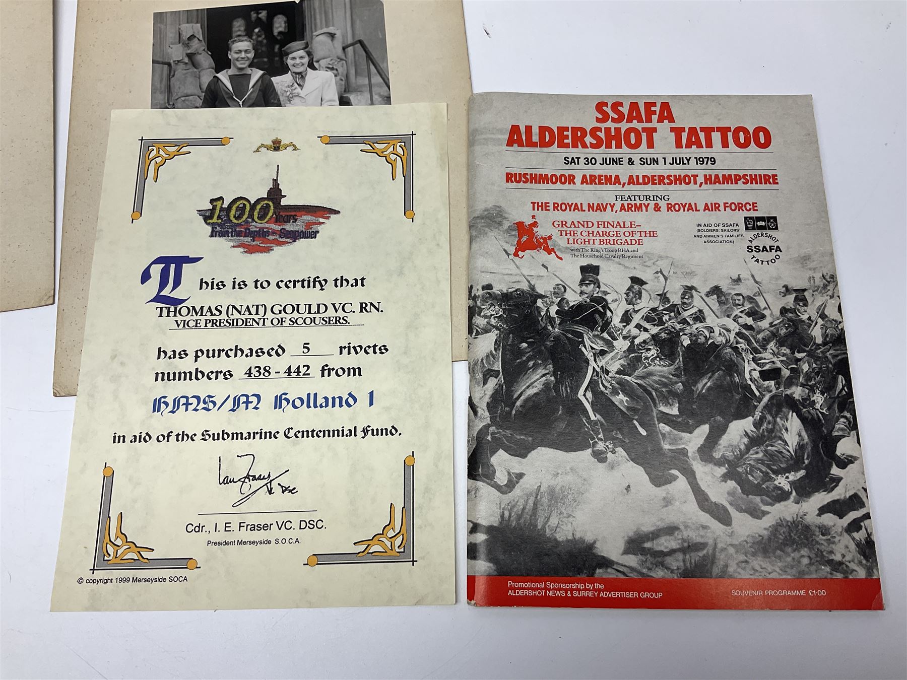 WW2 submarine interest - archive of ephemera and photographs relating to submariner Petty Officer (later Lieutenant) Thomas William Gould V.C. of HMSub Thrasher; predominantly post-war with later copies of contemporary photographs and documents including Certificate of Service in slip-case, War Patrol Reports, First Day Covers, press cuttings, 'For Valour' film script, business cards etc.
Auctioneer's Note: An extract from Gould's VC award citation reads 