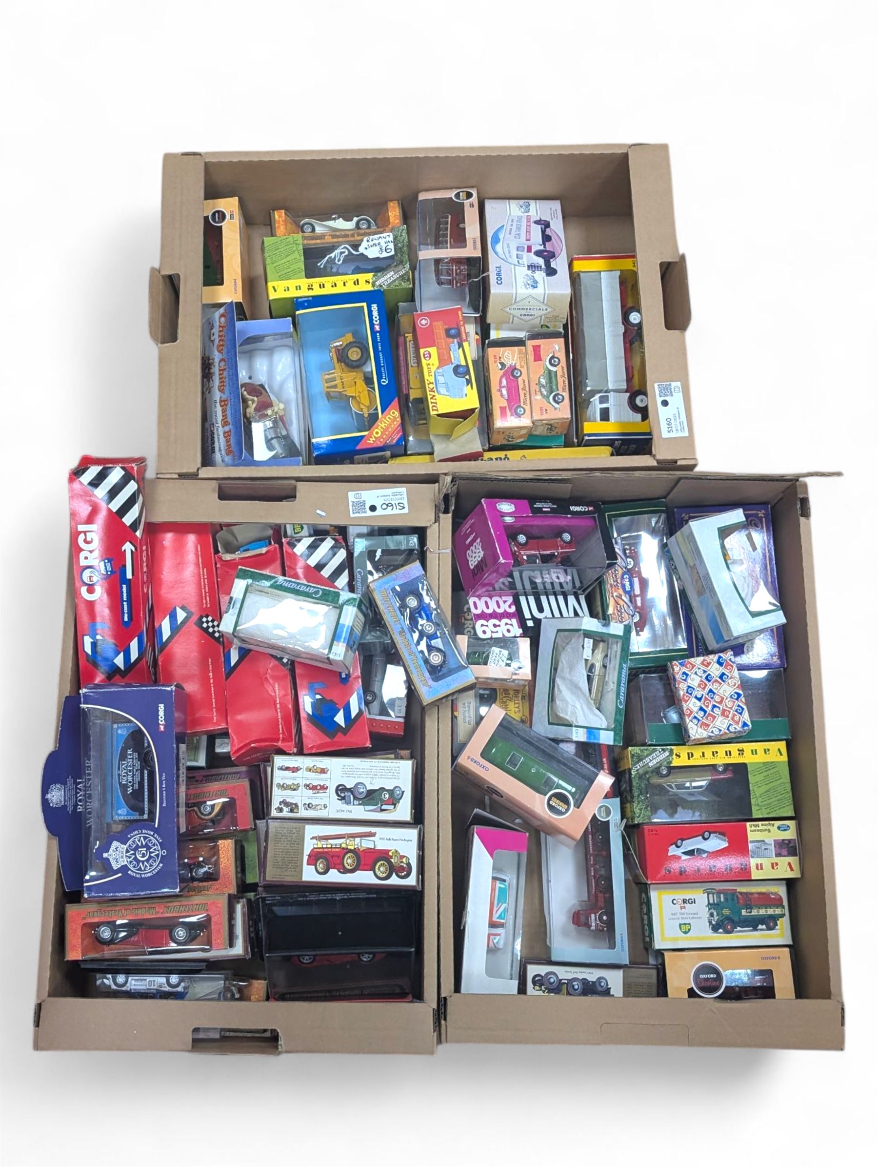 Collection of boxed diecast vehicles, including Triang Minic Ship, Corgi, Vanguards, Dinky and Matchbox examples, in three boxes