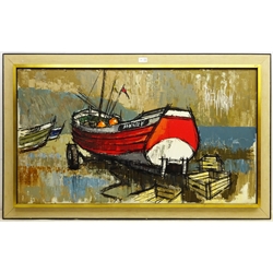 Roger Murray (British Contemporary): 'Red Cobble', oil on canvas signed, titled signed and dated May '68 verso,  60cm x 106cm
Notes: Born in Manchester Murray has had a very varied life and career, in addition to being an accomplished artist having attended St Martin's School of Art, he was involved in the making of many well known TV commercials probably best known for his series of posters for London Underground during the 1980s, finally becoming CEO and Chairman of the McCann Erickson global advertising agency. During these years Roger was a Governor of the Ocean Youth Club, which was to become the largest sail training organisation in the world. In the 1960s he owned a studio in Robin Hood's Bay near Whitby where he completed many oils, watercolours and ink drawings  

