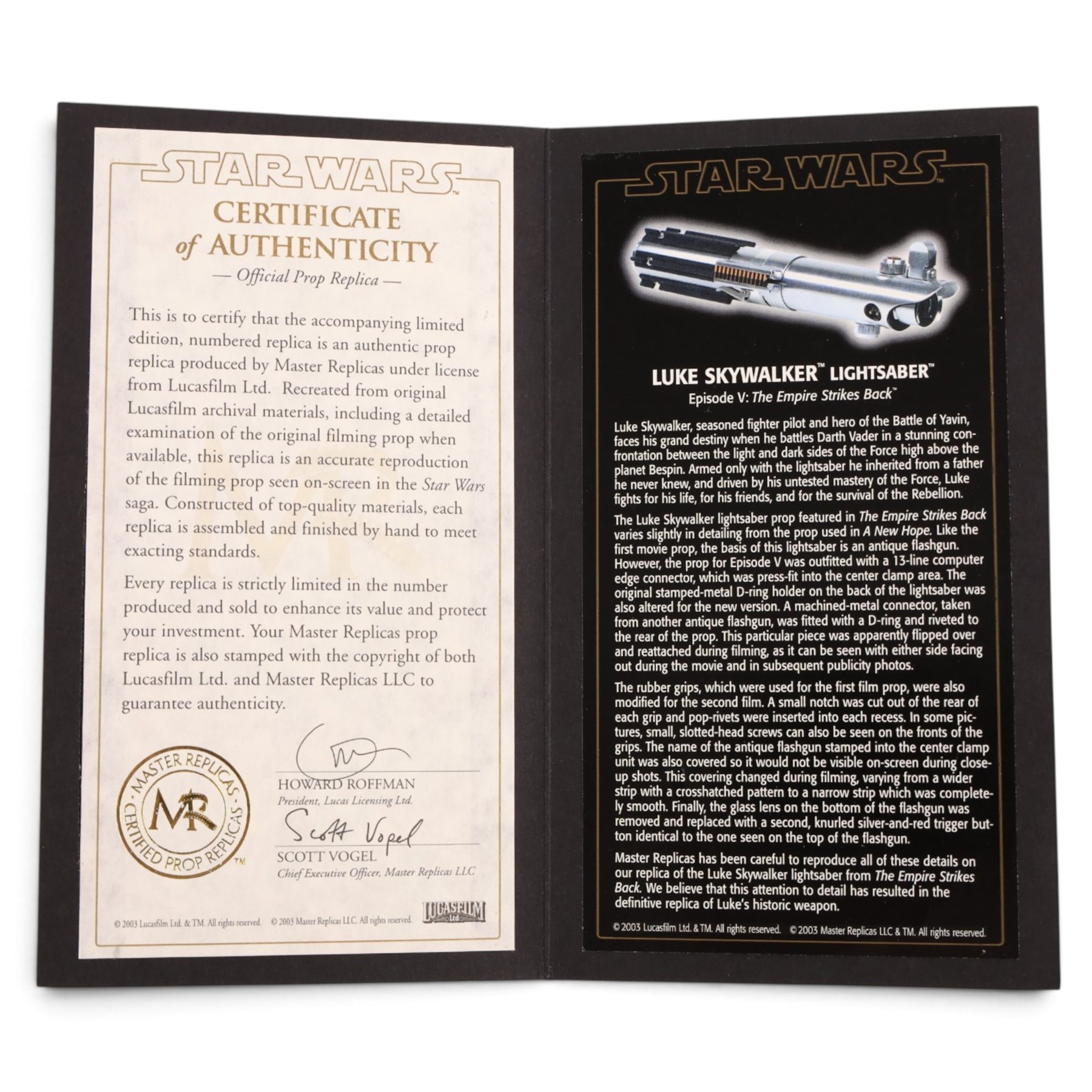 Limited Master Replicas Star Wars Luke Skywalker's Lightsaber no. SW-110, 1:1 scale, in box with outer cardboard sleeve, with certificate, separate acrylic display case and plaque, limited edition no. 897/2500